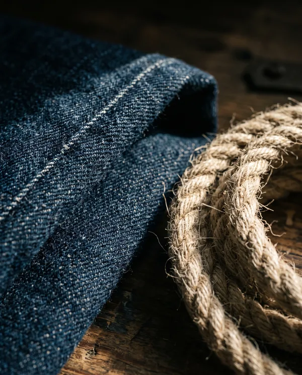 Close-up of raw denim and linen rope